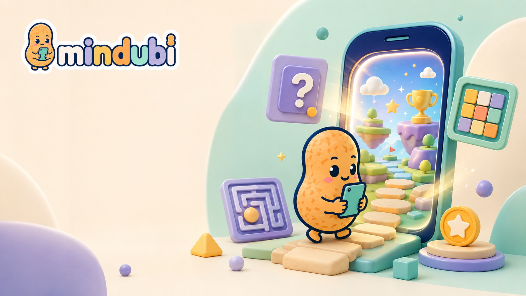Mindubi karakter egy játékokkal teli mobilkapu előtt